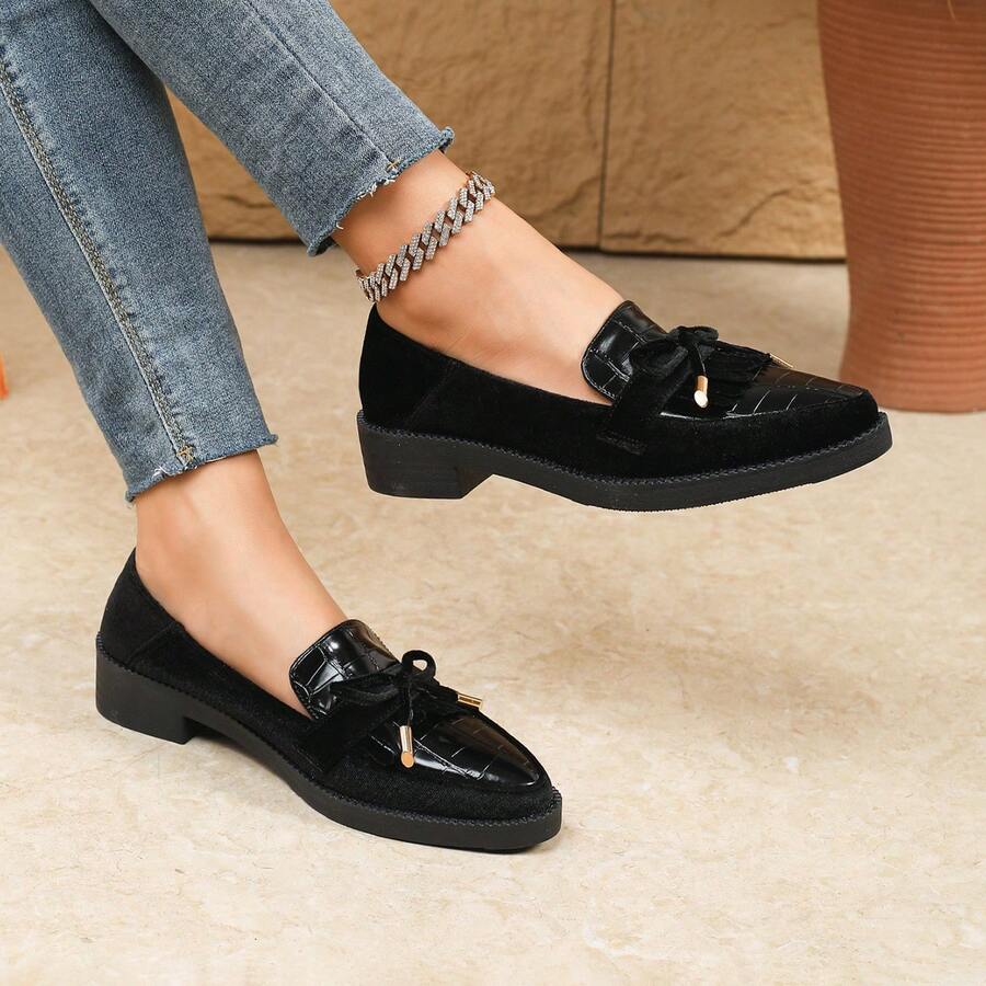 Zapatos planos para mujer con moño, estilo universitario, elegante, de moda, versátil, casual, bohemio, suela gruesa, punta puntiaguda, tacón de bloque, adecuado para oficina, fiesta, vacaciones, interior y exterior, todo el año, mocasines - Negro - Ver 1
