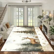 1 pieza Alfombra de área con diseño de árboles de pino, copos de nieve y ciervos, lavable, para usar en salas de estar, dormitorios, hoteles, restaurantes, salas de lectura, de gran tamaño, para decoración interior y exterior
