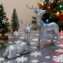 2 Figuras de Renos, Adorables Estatuas de Ciervos, Animales de Resina, Decoración de Escritorio para el Hogar y Fiestas Navideñas - Plateado - Ver 4