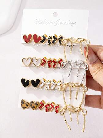 3 أزواج من أقراط الحلقة بتصميم القلب والفيونكة باللون الذهبي، زوج واحد من أقراط الأذن بتصميم القلب، زوج واحد من أقراط الحلقة بتصميم الفراشة، مجموعة أقراط للنساء، بدون بطاقة