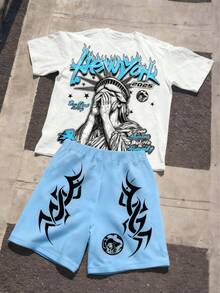 2pcs/Set Boys Streetwear Liberty Statue Print T-Shirt And Shorts Set, Spring/Summer - Blue - View 1