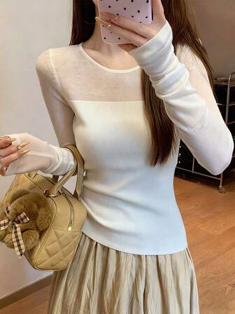 Women's Solid Color Round Neck Long Sleeve Fitted Sweater, Autumn
