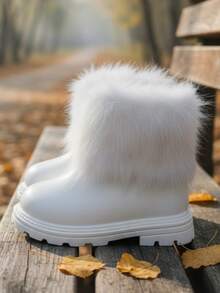 1 Pair White Princess Mid-Calf Boots For Girls, Fashion Zipper Design, Anti-Slip Rubber Soft Bottom, Warm Fur Collar, Soft PU, Thick Sole, Elevated, Suitable For Performance, Skiing, Snowball Fighting, Infant & Toddler Girls, Winter 2025 New Arrival - White - View 12