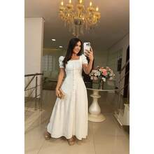 Women's Long Dress In Marrant Sensorial Fabric With Puff Sleeves And Covered Buttons. Ideal For Parties And Celebrations. Fits Sizes 38 To 42. Elegant And Comfortable. - 米色 - 查看 3