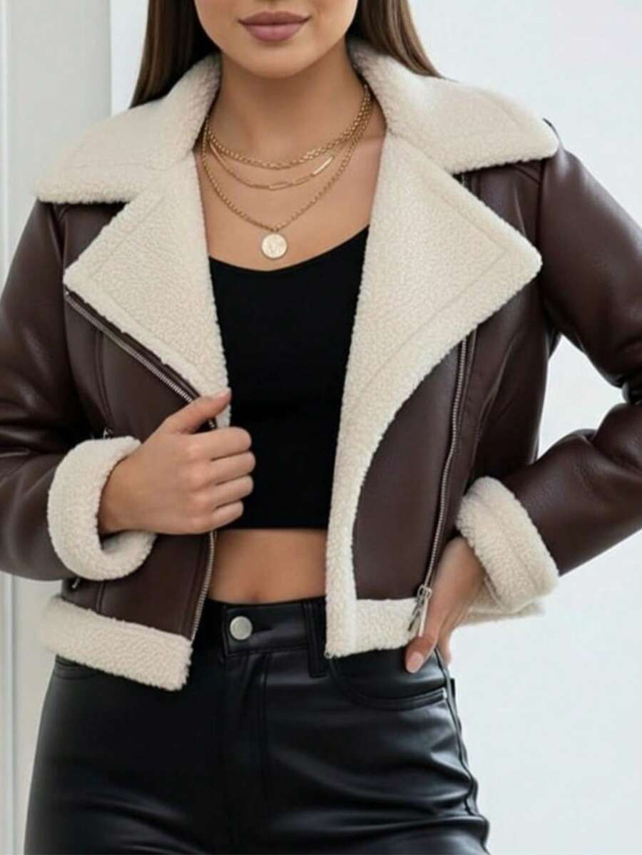 Chaqueta corta Vinipiel informal elegante de manga larga para mujer, color negro, con cuello peludo y forro cálido, estilo motero. - Café integral - Ver 1