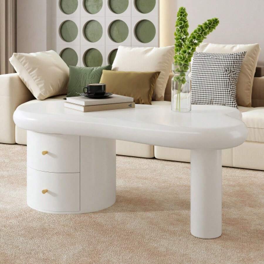 Modern White Coffee Table With Irregular Shape – 2 Drawers, Space-Saving, Stylish, Stable – Perfect For Living Room & Multi-Purpose Use - White - View 1