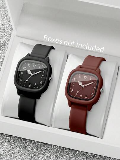 Silicone Watches, Square Dial Quartz Wrist Classic Combination Set (Watch Box Not Included)