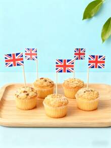 100PCS Union Jack Cake Toppers, 3.5x2.5cm Mini British Flag Cupcake Picks, Wooden Stick Food Decorations For UK Themed Party, Birthday, Afternoon Tea, Dessert Table, Baking Supplies, Patriotic Event Decorations, Cupcake Decor, Cake Accessories, Party Favors - Multicolor - View 5