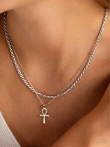 18K Gold Ankh Cross Necklace, Women's 2 Pieces Gold Cross Layered Necklace, Ancient Egyptian Cross Pendant Jewelry, Stainless Steel Jewelry, Gift For Women - Gold - View 5