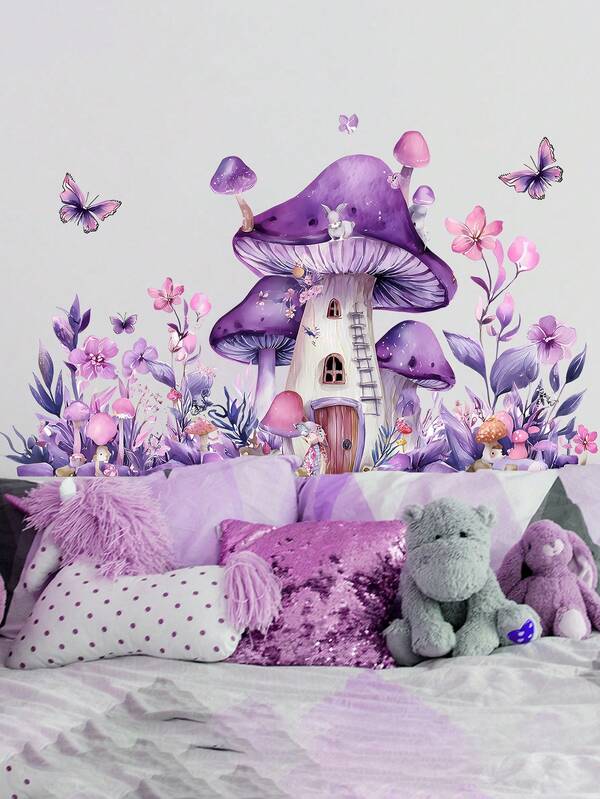 ملصق حائط بتصميم فطر بنفسجي كرتوني مع فراشات وحيوانات لطيفة، ديكور لغرفة الأطفال وغرفة المعيشة