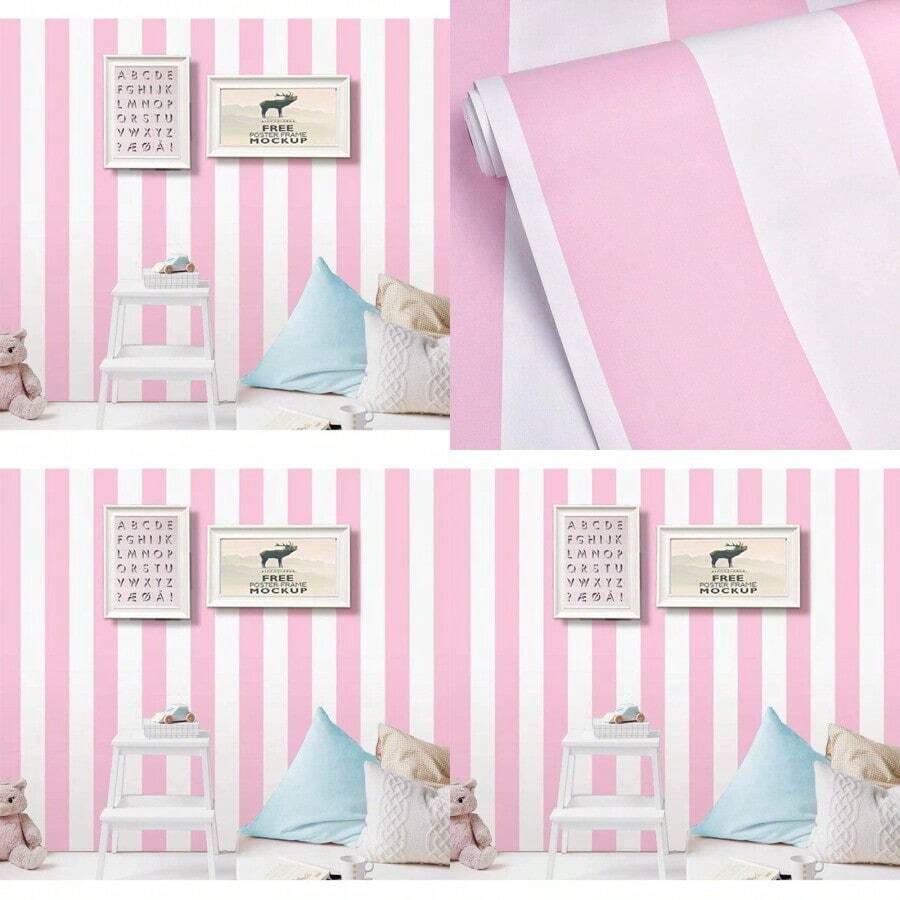 Self Adhesive Vinyl Pink And White Stripe Peel And Stick Wallpaper Shelf Liner For Walls Nursery Girls Bedroom Cabinets Dresser Drawer Furniture Decal Removable Waterproof 17.7x117 Inches - BabyPink - Xem 1