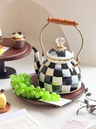 1pc Vintage Classic Plaid Wooden Handle Enamel Teapot, Cup, Large Capacity Straight Canister With Lid, Nordic Style Diamond Lid Large Capacity Kettle, Multipurpose High Temperature Resistant Kettle, Coffee Pot, Milk Tea Pot, Fruit Tea Pot, Unbreakable And Non-Stick Oil Pot, Back To School Supplies