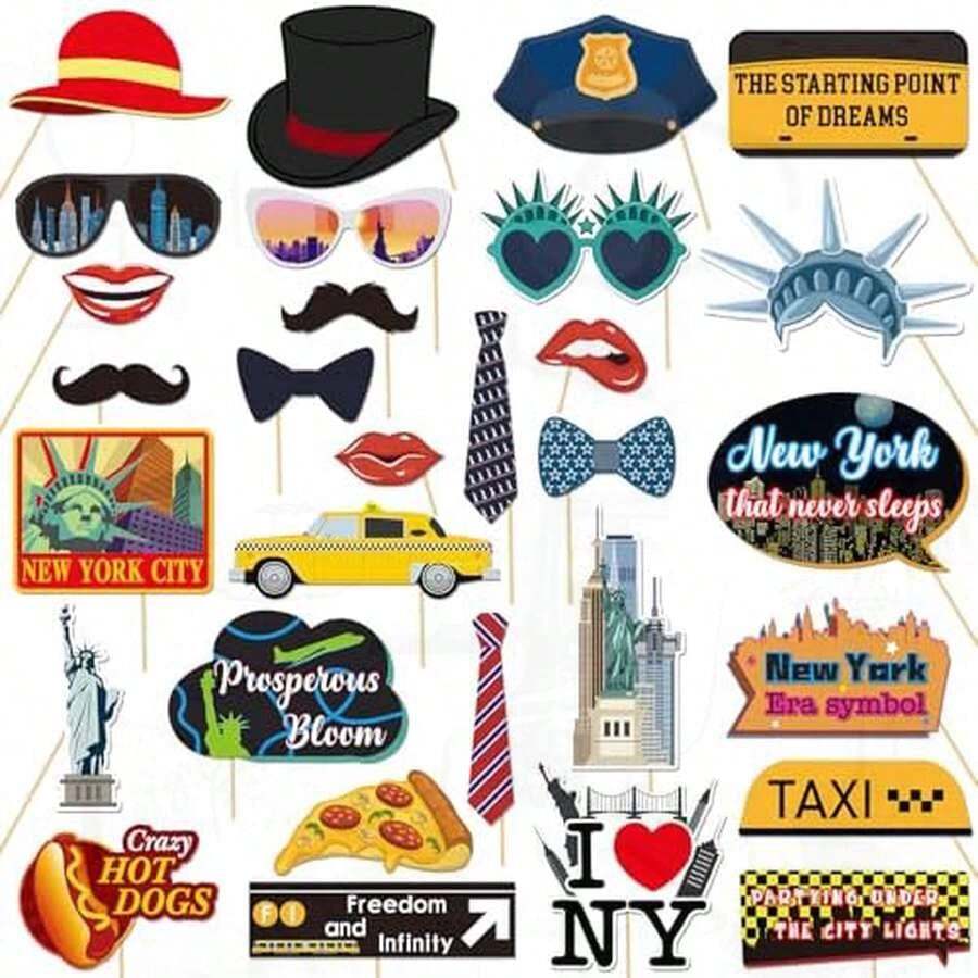30 Pcs New York Photo Booth Props Kit, Cityscape NYC Themed Party Selfie Decorations, I Love New York Photography Supplies - 豐富多彩的 - 查看 1