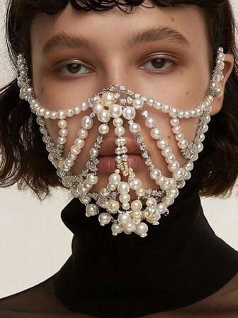 1个夸张水钻面具，优雅珍珠装饰面罩，适合舞会、派对、节日、配饰、礼物