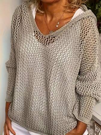 加大码欧美风轻薄镂空宽松针织连帽套头毛衣