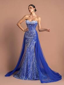 Elegant Women's Strapless Long Party Dress, Adorned With Delicate Pearl And Contrast Mesh Details - 寶藍色 - 查看 8