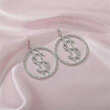 Sparkly Crystal Dollar Sign Dangle Earrings For Women - Creative CZ Charm Glitter Rhinestone Money Hook Earrings - Statement Exaggerated Rhinestone Earrings{Inchcolor_nameinch:InchSilverinch} - Silver - 查看 3