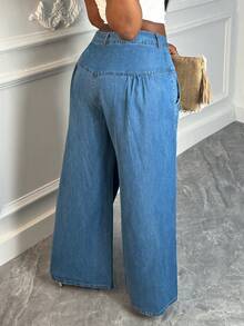 Women's Mid-Rise Solid Light Blue Non-Stretch Wide Leg Jeans - Elegant & Casual For Home Leisure - Medium Wash - View 4