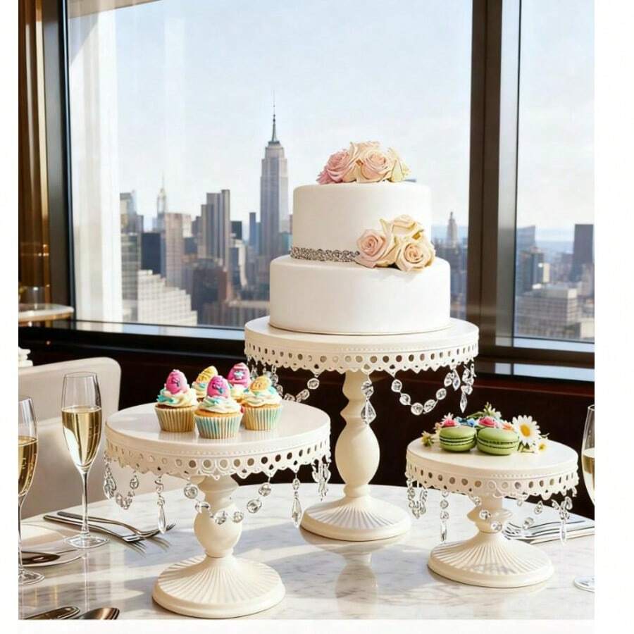 3Pcs Antique Cake Stand Set - Round Metal Cupcake Stands With Pendants And Beads - Elegant Dessert Display, For For Wedding, Birthday Party Decor,Dessert Table Display Set,Food Display Stands,Christmas Decorations For Home,Christmas Decor,Funny Gifts - 奶油白 - 查看 1