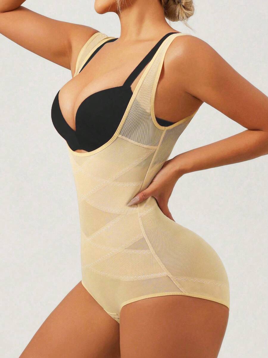 Women's Solid Color Casual Sheer Mesh Bodysuit - Light Yellow - View 1