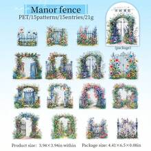15pcs/Pack Vintage Large Size Sticker Pack, Manor Fence Series, Vines & Wild Flowers, Suitable For Diary, Scrapbooking, Decoration, Landscaping