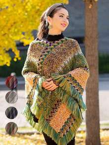 1pc Solid Color Hollow Out Bat Wing Tasseled Knit Poncho For Dress