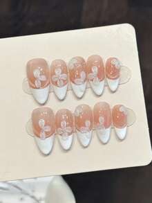 10 Peças Unhas Postiças Feitas à Mão Formato de Amêndoa, Unhas Médias, Rosa Suave, Unhas Flashy Olho de Gato, Unhas Francesas Brancas, Unhas com Flores 3D Esculpidas e Gravadas, Unhas Elegantes e de Luxo para Outono, Unhas de Outono, Unhas de Casamento, Adequadas para Uso Diário, Festa, Praia e Viagem Tropical, Suprimentos de Unhas Falsas DIY Adequados para Mulheres e Meninas como Presente