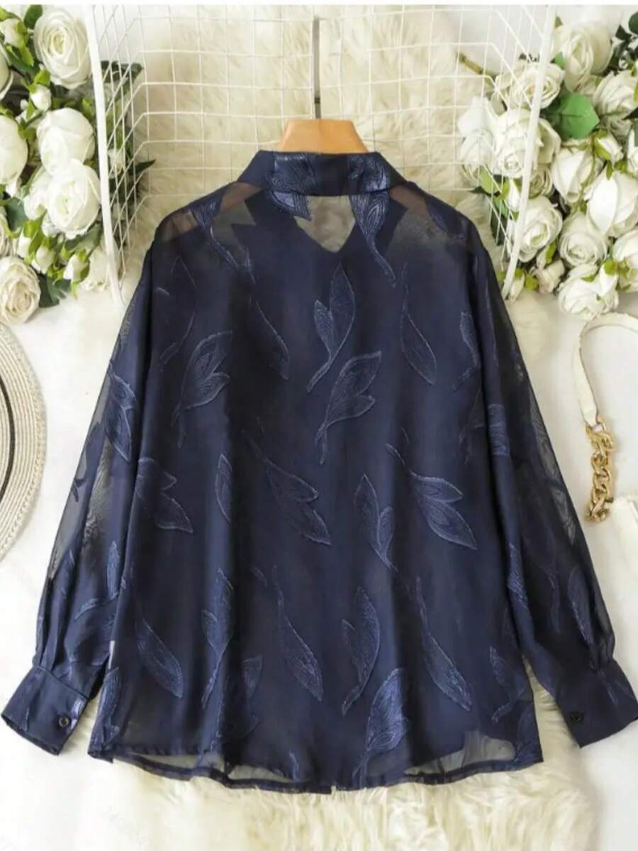 Plus Size Women Regular Fit Blouse, Semi-Sheer Leaf Pattern Design, Long Sleeve, Classic Shirt Collar - Blue - View 1