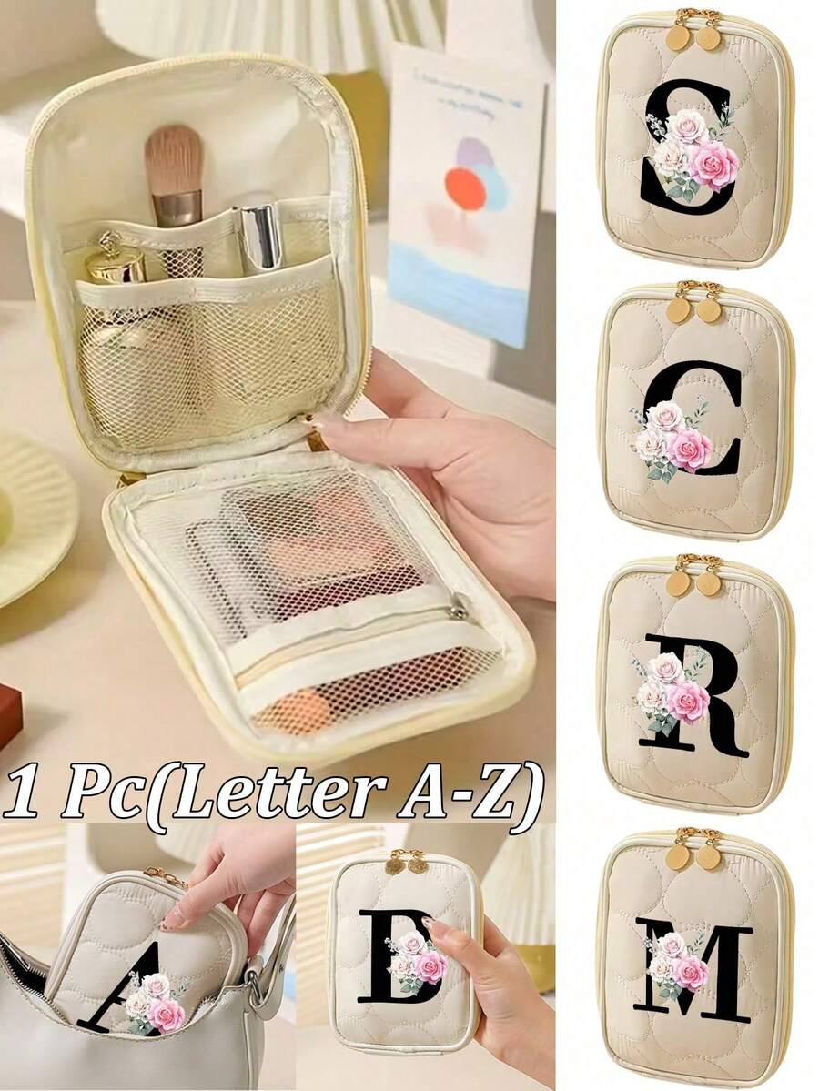 Borsa da trucco portatile semplice ed elegante, stampa floreale nera con iniziali da A a Z, borsa portatile per rossetti, clutch da viaggio, borsa cosmetica da viaggio portatile, borsa da toilette, borsa multifunzionale per riporre cosmetici, rossetti, cavi dati, medicinali, gioielli, articoli di uso quotidiano, regalo perfetto per amanti, famiglia, madre, amici, compagni di classe, colleghi, insegnanti, ideale per vacanze, compleanni, San Valentino, Ringraziamento, Natale, regali per donne, idee regalo per donne