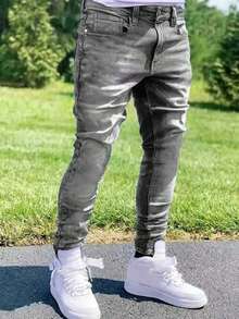 Teen Boy Black Jeans, Grey Elastic Slim Fit Casual Comfortable Denim Pants, Suitable As Gift For Kid Friends Party