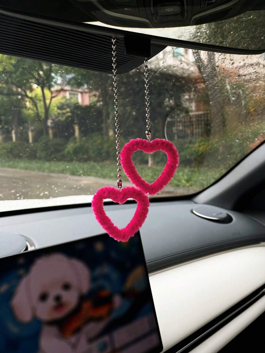 可爱创意毛绒心形汽车挂件，优雅的汽车内饰装饰，完美的节日礼物 - A - 查看 1
