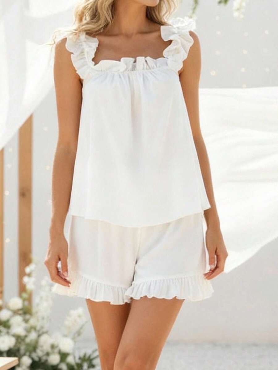 Satin Silk Pajamas For Women Summer Outfits Loose Fit Stylish Solid Color Ruffled Trim Tops With Shorts Lounge Wear 2 Pcs Set - Ivory - View 1