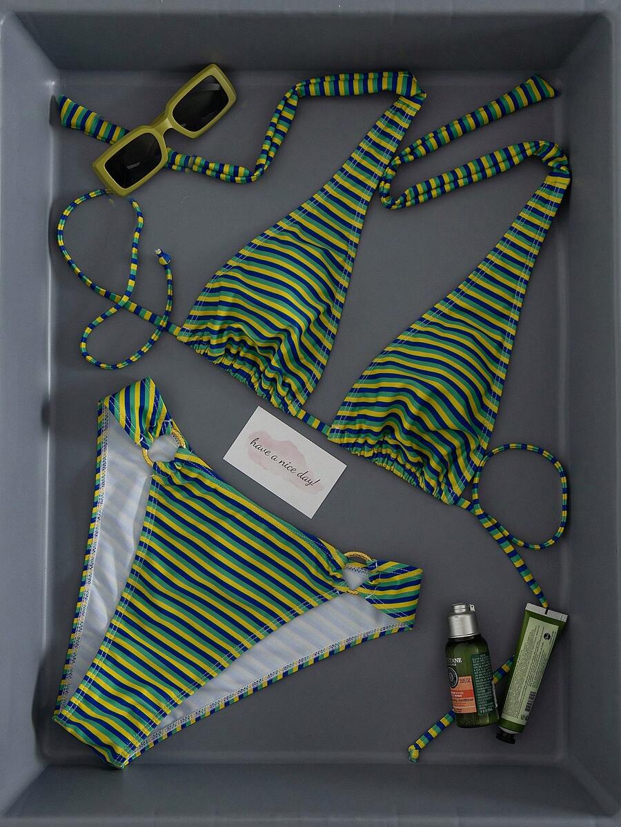 2pcs/Set Fashionable Sexy Casual Vacation Colorblock Striped Allover Print Metal Ring Decor Unique Women Bikini Swimsuit, Suitable For Pool, Beach, Spring/Summer