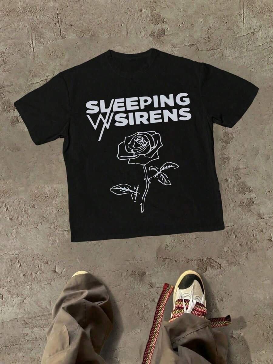 Women's "SLEEPING WITH SIRENS" Rose Graphic, Round Neck Short Sleeve Casual Cotton 220g Pattern Printed T-Shirt - 黑色 - 查看 1