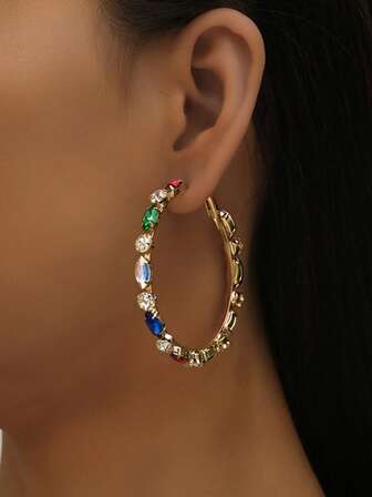 1 par de pendientes de aro geométricos coloridos y elegantes con cristales de Rhinestone exagerados y minimalistas para mujeres