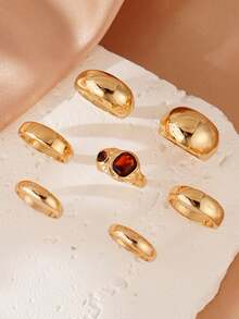 7 pezzi Set di anelli con pietre preziose finte e strass, anelli in metallo per impilare, adatti per uso quotidiano, appuntamenti, feste e stratificazione per le donne - Oro giallo - Visualizzare 3