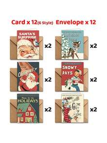 12pcs/24pcs Vintage Santa Claus & Reindeer Design Christmas Greeting Cards With Envelopes, Holiday & New Year Wishes, Chinese New Year Greetings, Christmas Winter Party Invitations, Christmas Decorations