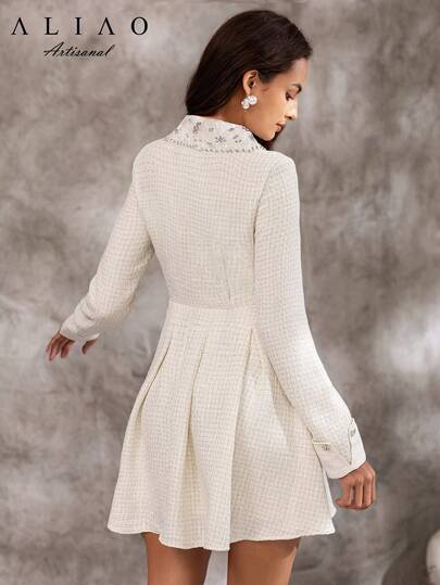 Elegante Lapel Rhinestoned ate Cinched Waist Milky Wit Suit Dress, Modest, Fall, Everyday Wear, Wedding Guest Dress Women, Event, Old Money Court Outfit, Shiny view 6