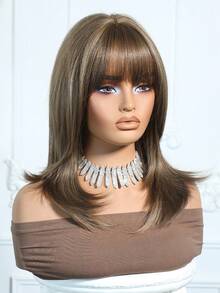 18英寸优雅棕色长卷发假发，带挑染和刘海 - 深色发根至浅色发尾，合成纤维材质，适合女性日常、派对、节日、旅行、万圣节、圣诞节、新年、狂欢节、音乐节、角色扮演等各种场合，是送给女孩的理想礼物，也是夏季毕业季的完美礼物，现成的礼物之选，万圣节圣诞节礼物。 - 棕色 - 查看 5