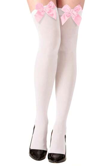 Cute Pink Bow White Sheer Stockings Over The Knee Kawaii Japanese Style Cosplay Anime Costume Accessories Sweet Lolita Fashion Leg Warmers Schoolgirl Uniform Valentine Christmas Halloween Party Wear Adult Role Play Bridal Wedding Honeymoon Romantic Gift XS S M L XL Multiple Sizes Ready To Ship Express Shipping 1-3 Days Processing Nylon Stockings Pantyhose Tights