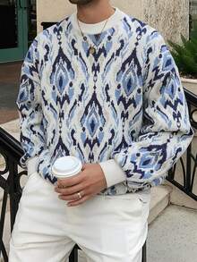 Herbst/Winter Herren Langarm Lässig Loose Luxuriös Elegant Pfauenfeder Allover-Muster Nische Retro Vielseitig Gemütlich Hochwertig Strickpullover mit Rundhalsausschnitt