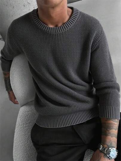 Herren Lässig Jacquard Strick Rundhals Langarm Pullover