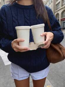 1件少女休闲纯色扭绳设计套头毛衣，舒适保暖，适合户外活动、营造圣诞氛围、作为圣诞礼物以及秋冬季穿着。 - 藏蓝色 - 查看 3