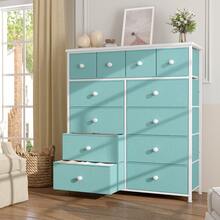 EnHomee Dresser For Bedroom With 12 Fabric Drawers, Tall Dresser With Wooden Top & Metal Frame, Bedroom Dresser, Dressers & Chests Of Drawers, Room Decor, Home Deco, Festival Decor,Cadet Blue - 青檸色 - 查看 6