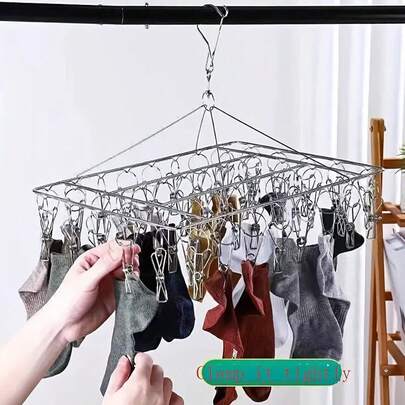 1pc Stainless Steel Clothes Drying Rack With 10 Clips - Space-Saving Indoor/Outdoor Laundry Rack, Wardrobe Storage Solution, Hanger, Clip-On Clothes Hanger, Pants Hanger, Flexible Metal Clothes Rack, Suitable For Balcony, Bathroom