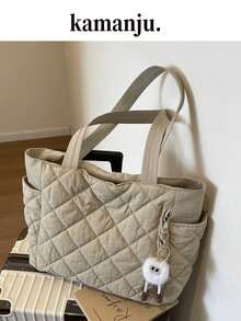 New Fashion Large Capacity Quilted Diamond Design Double Handle Shoulder Tote Bag, Lightweight And Portable, Women's Wallet, Suitable For Outdoor Travel In Summer, Decorated With Animal Pendants, Travel Essential Backpack - White - View 9