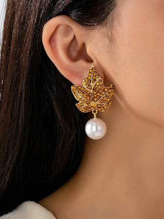 2件/奢华闪亮枫叶合金宝石镶嵌女士耳环