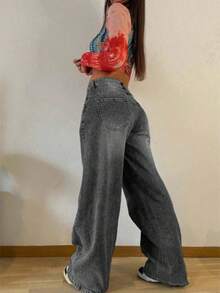 Jeans de pierna recta holgados vintage para adolescentes - Gris Oscuro - Ver 2