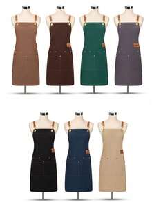 帆布防水围裙，带口袋 - 适用于园艺、绘画、咖啡馆、餐厅等场所 - 耐用涤纶材质，防油厨房服，棕色/蓝色/黑色