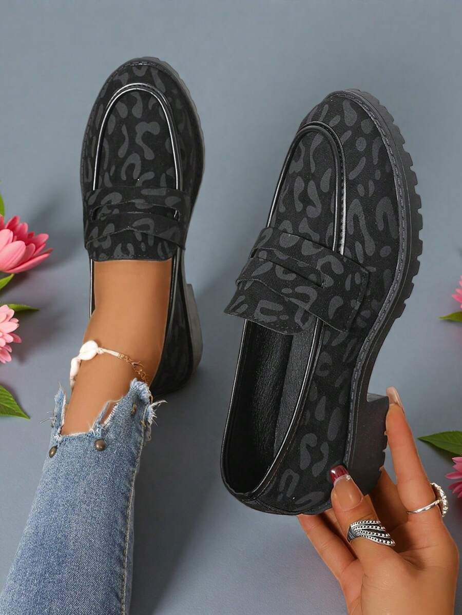 Women's Fashion Black Printed Non-Slip Thick Heel Loafers, Slip-On Comfortable Women Casual Sports Shoes - Black - View 1